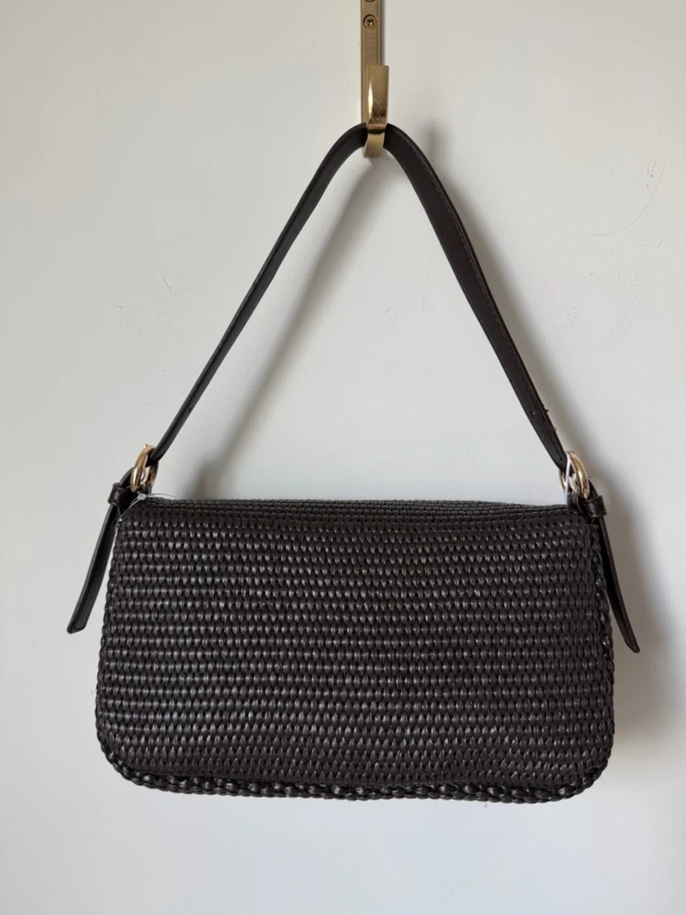 Dark Brown Woven Shoulder Bag with Gold Buckle